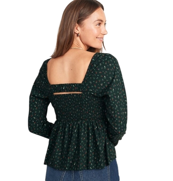 Old Navy Babydoll Peplum Shirt Green Floral Long Sleeve Smocked Top Medium - Picture 2 of 8